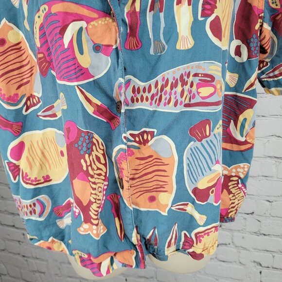 Patagonia Blue Tidal Threads Button Up Short Sleeve Collared Shirt Top Large L - Picture 6 of 12